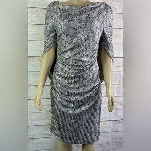 R&M Richards Women Boat Neck Drape Sleeve Snake Print Silver Dress Size 10